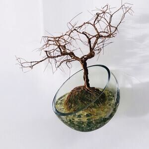 Twisted Copper Wire Bonsai Tree Handmade 10” in Clear Glass Angled Bowl Vase